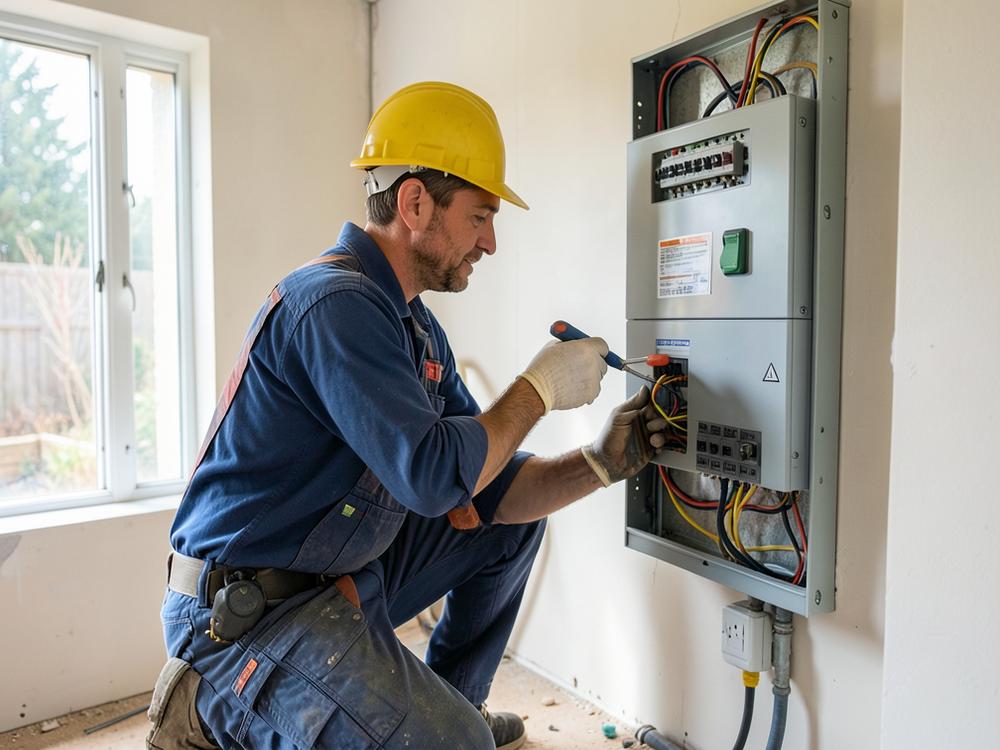 Electricista trabajando en un cuadro eléctrico de vivienda