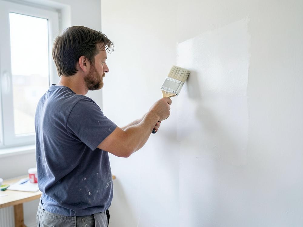 Pintor aplicando pintura blanca en una vivienda